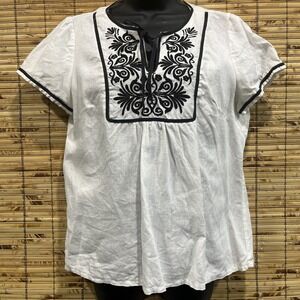 Alexandra Bartlett Linen Top Womens XL White Black Embroidered Boho Folk Peasant